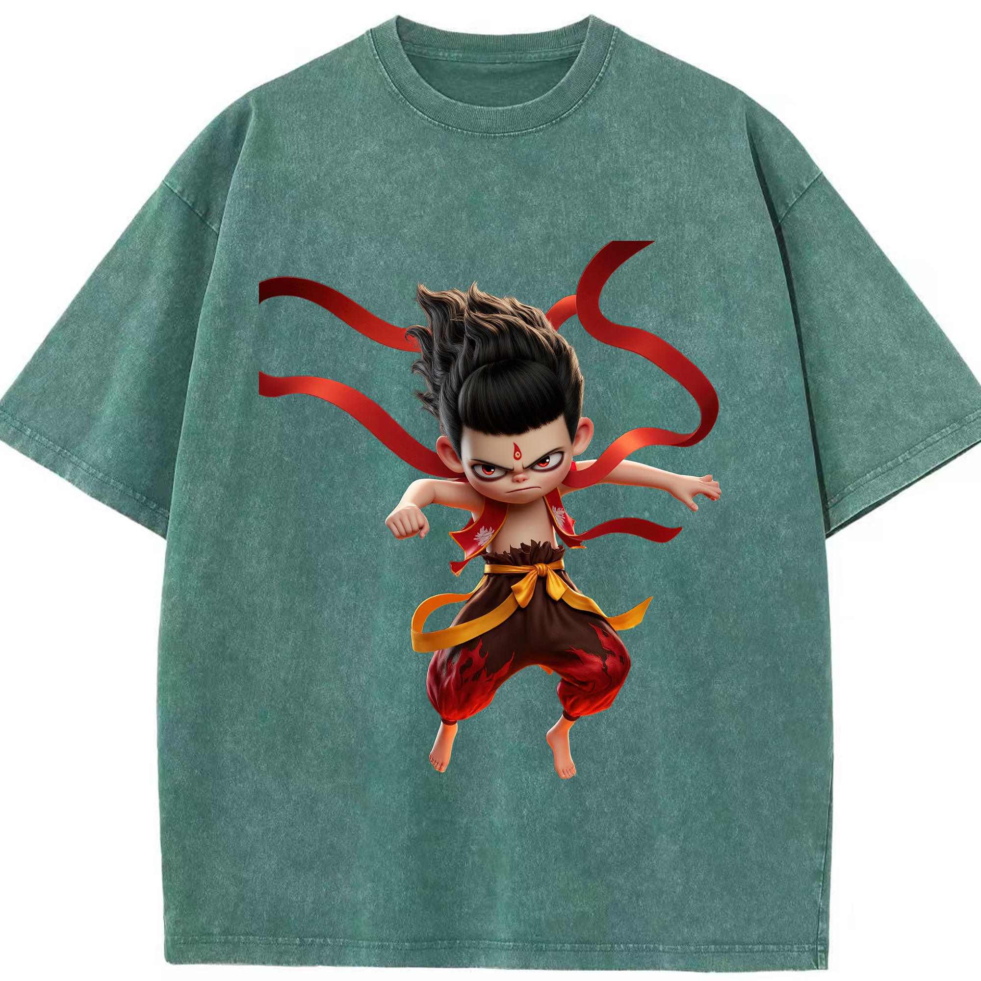 （画像用） Ne Zha 2 ナタ 魔童の大暴れ 綿100% ヴィンテージ風 半袖Tシャツ（フロントプリント）